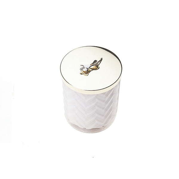 Herringbone Candle With Scarf - Lilly Flower Lid - White