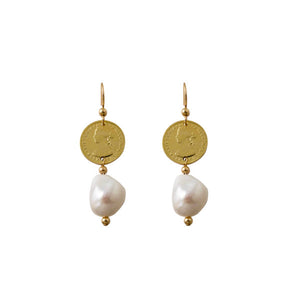 Australian Coin With Baroque Pearl Earrings - Yellow Gold