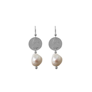 Australian Coin With Baroque Pearl Earrings - Silver