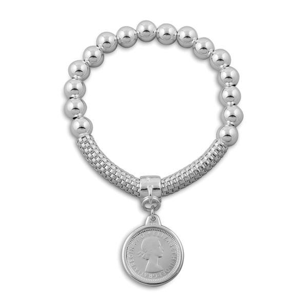 Mesh Bracelet With Sixpence Coin - Silver