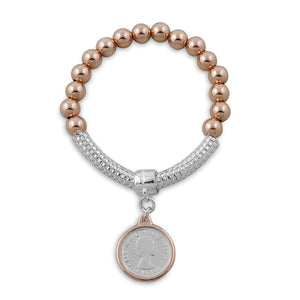 Mesh Bracelet With Sixpence Coin - Silver/Rose